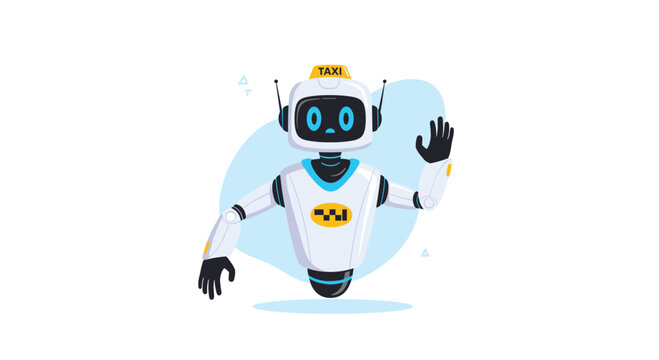 Friendly robot taxi driver character with a yellow sign on its head waving a hand in a futuristic concept tech illustration.
