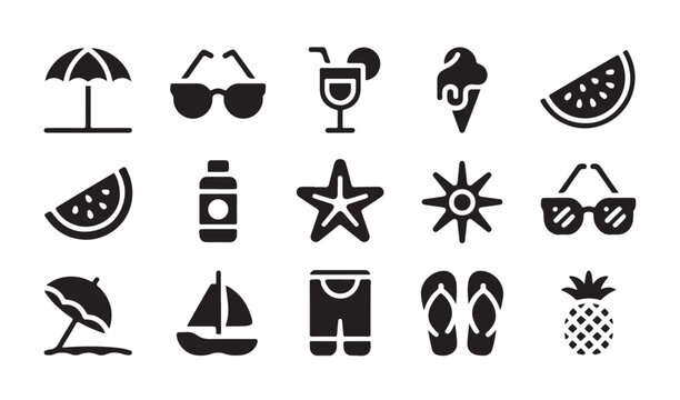 Summer vacation icons set for beach travel and outdoor leisure activities.