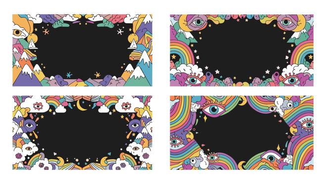 Collection of psychedelic and colorful frame borders featuring mystical eyes, rainbows, and mountain landscapes on a black background.
