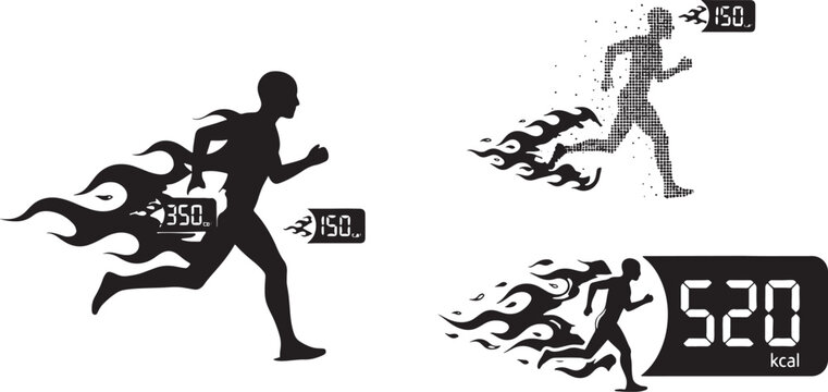 Running man silhouette set with fire trail and digital calorie counter icons representing fitness progress and intense physical activity in a clean flat vector graphic design style