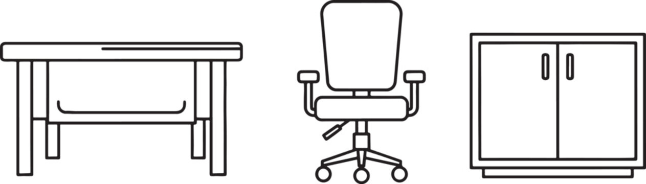 Office furniture set featuring a desk an ergonomic swivel chair and a storage cabinet depicted as simple black line art icons for interior design planning projects