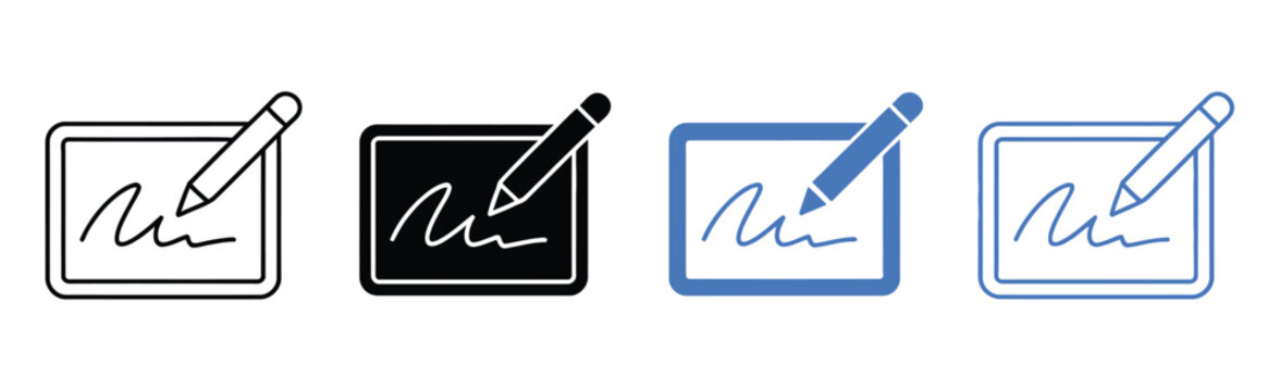 Digital signature icon vector set, electronic signing document symbols with pen in outline and solid style for contracts, approval, and business apps