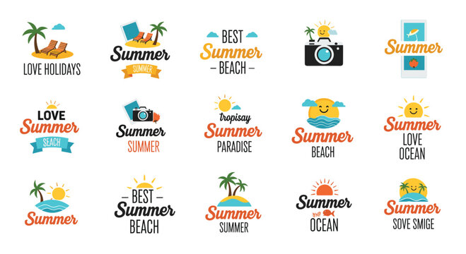 Collection of summer beach holiday logos and badges featuring palm trees, ocean waves, sun, and various vacation travel themes.