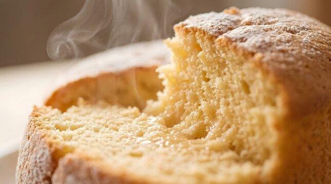 Freshly baked warm sponge cake with a golden texture and soft steam rising from the center of the delicious dessert