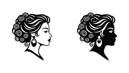Elegant female profile portrait vector illustration with stylized curly hair and large earrings in outline and solid black silhouette styles for beauty salon branding and fashion graphic designs © Aura