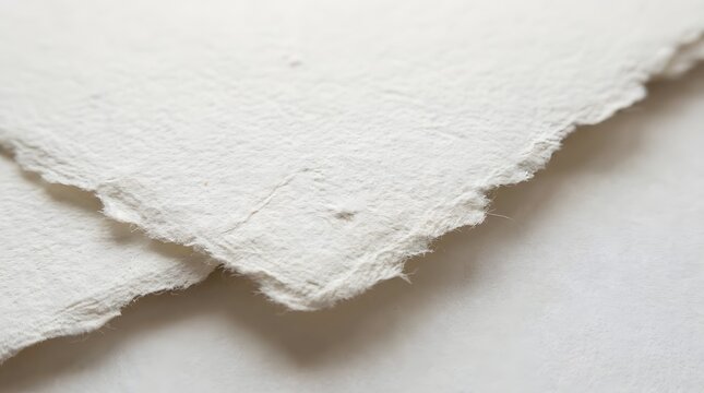Close up view of two stacked sheets of white handmade textured paper with rough deckled edges on a plain background
