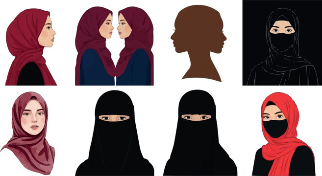 A Set of Eight Illustrations Depicting Women in Different Styles of Headscarves and Veils, Featuring Various Colors and Perspectives for Cultural and Modesty Designs