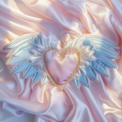 Obraz premium Heart-shaped accessory with angel wings rests on soft pink satin fabric, showcasing pastel colors and detailed stitching, suitable for various themed occasions
