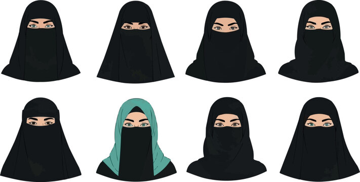 A Set of Eight Illustrations Depicting Women Wearing Different Styles of Veils and Headscarves in Various Colors for Cultural, Fashion, and Modesty Designs