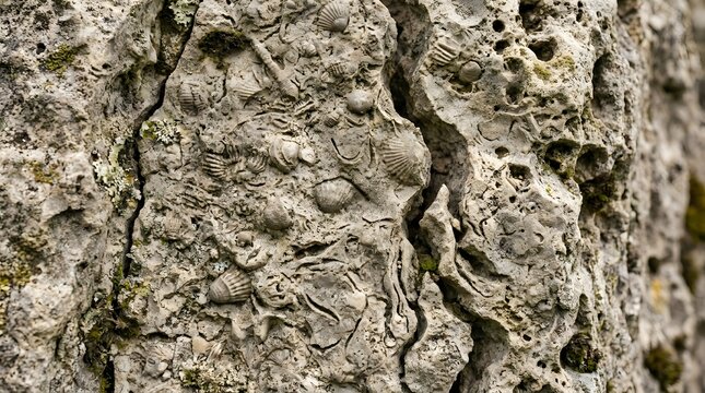 Ancient limestone rock surface displays embedded prehistoric marine fossils and intricate shell structures preserved within the hard porous sedimentary stone layers