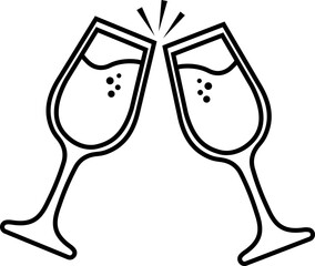 Champagne glasses clinking icon for celebration and toast, sparkling wine flute symbol in black line art outline style, vector illustration design element for holiday party events and greetings © Mon Amour