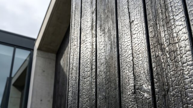 Charred timber planks featuring a deeply textured black burnt surface with vertical lines and a natural weather resistant wood finish