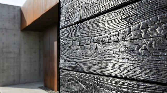 Detailed view of charred timber planks showing rough black texture with deep cracks and natural grain patterns in bright daylight