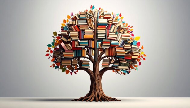 Stacked Books Arranged Creatively into Tree Shape Against Gray Background Symbolizing Knowledge, Growth, Learning, and Intellectual Development