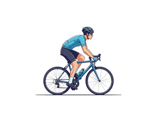 Naklejka premium Cyclist in Blue Jersey and Black Shorts Riding a Bicycle on a White Background, Artistic Digital Illustration for Sport and Fitness Themes