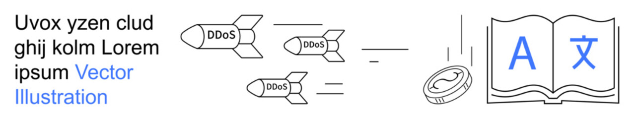 Cybersecurity, data protection, digital attacks, language translation, technology defense, online safety. Missiles labeled DDOS, a shield and an open book with language symbols. Cybersecurity © robu_s