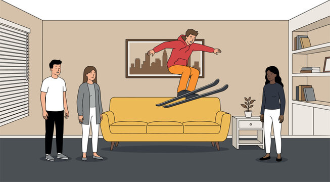 Indoor Skiing Vector Illustration Featuring a Person Performing Ski Stunts in a Living Room