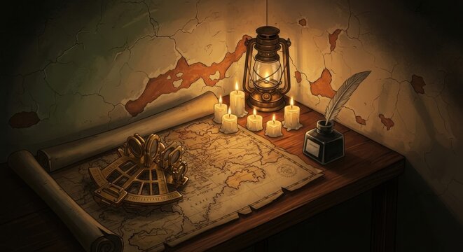 Antique brass sextant resting on a detailed vintage nautical paper map