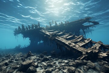 Naklejka premium Old wooden shipwreck submerged underwater with sun rays piercing blue water