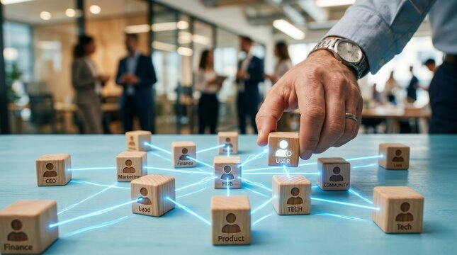 Hand connecting cube to network in office