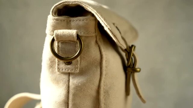Close-up of a beige canvas bag with brass hardware, showcasing its texture and design details.