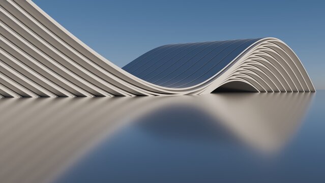 Abstract 3D render of white parametric wavy architecture with curved lines and reflection on a glossy floor against a clear blue sky background
