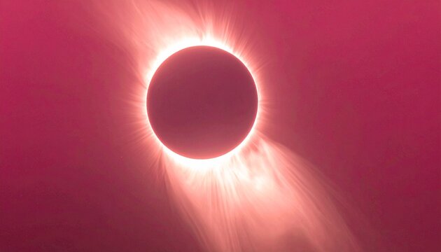 Solar Eclipse with Moon Covering Sun and Glowing Corona Radiating Wispy Streams Against Dramatic Reddish-Pink Background