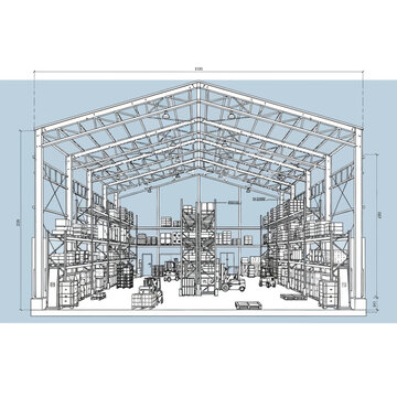 Detailed architectural drawing of industrial warehouse interior with shelving units.