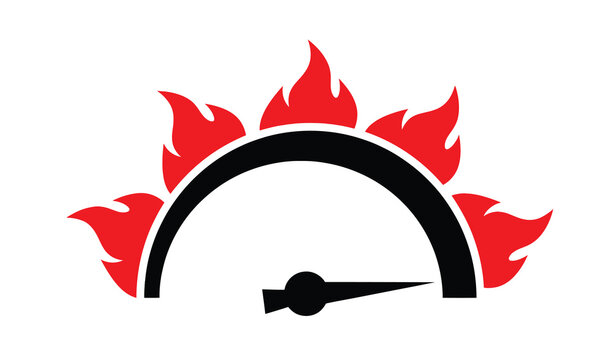High speed speedometer icon with red flames, fast performance gauge vector, automotive racing tachometer symbol for engine power and acceleration