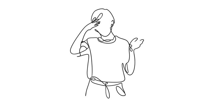 Single line drawing of a person with hand on forehead, looking confused or stressed, with one arm extended Vector, illustration
