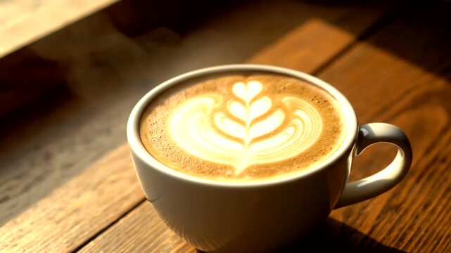 Close-up of a latte with beautiful heart-shaped latte art on a wooden table in a cafe, bathed in warm sunlight.