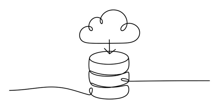 Cloud data storage icon with database symbol and download arrow, continuous line drawing Vector, illustration