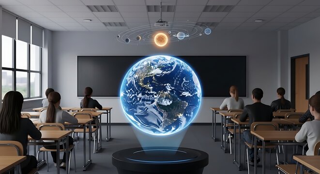 Students learning in futuristic classroom with holographic earth and sun projection