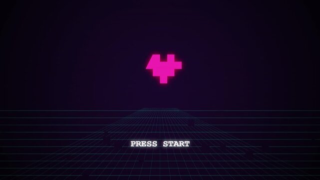 Retro arcade video game start screen with flashing press start text and glowing pixel heart over synthwave grid background