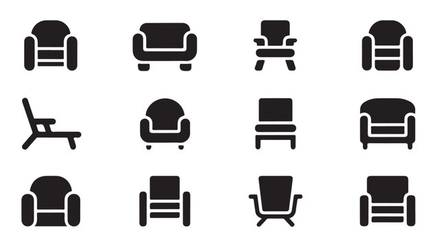 Minimalist living room armchair collection with front and side view furniture icons vector.
