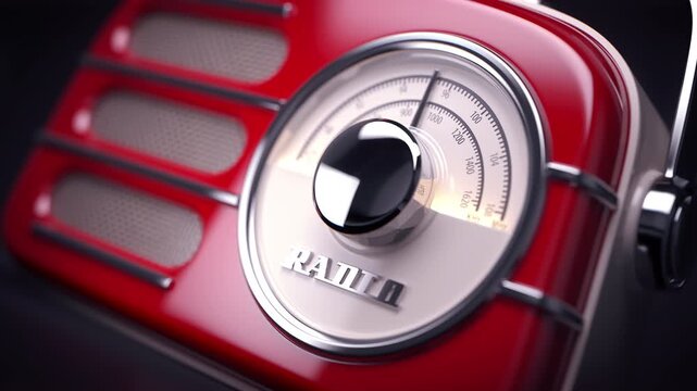 Tuning of red vintage radio. Searching and learning retro nostalgic broadcast radio channel. 3d