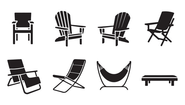 Outdoor furniture icons, deck chairs Adirondack chairs hammock and bench.