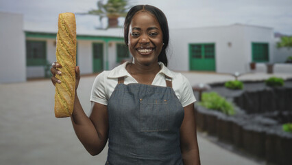 Woman baker wearing apron holding baguette upright and smiling in building courtyard near door  joy artisan craft. © Krakenimages.com