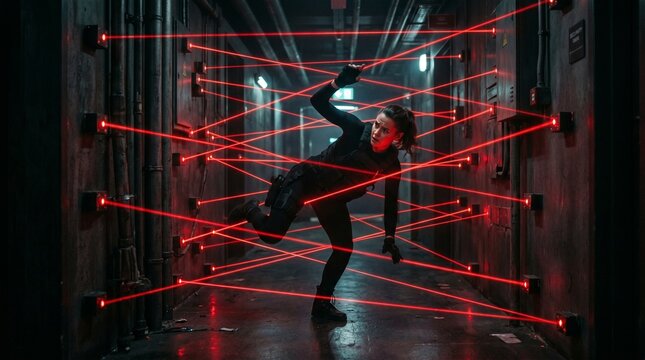 Glowing Red Laser Grid Security System in Dark Hallway