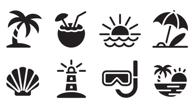 Summer vacation icon set, simple vector illustration of travel and leisure symbols.