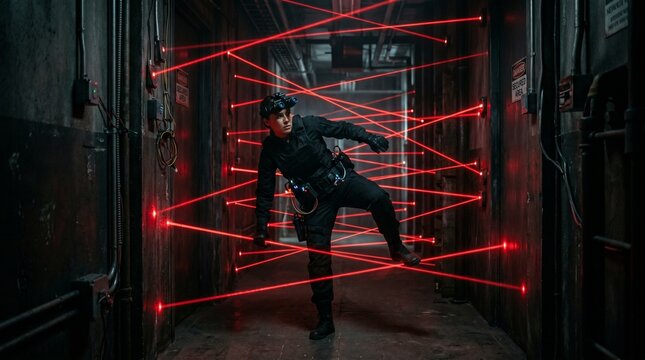 A dark hallway crisscrossed by a complex grid of glowing red security lasers. Cinematic thriller and heist concept.