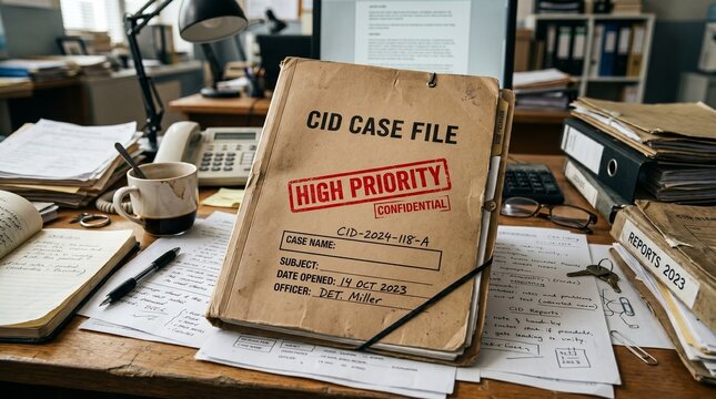 A highly confidential CID case file folder lying on a messy desk. The cover has a red "HIGH PRIORITY" stamp, but the case name area is blank.