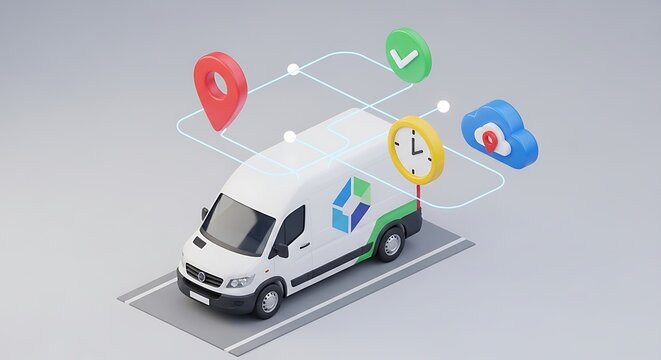 White delivery van with cloud icons showing location, confirmation, time, and cloud services