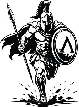 Brave spartan warrior holding spear and shield vector illustration, ancient greek soldier silhouette, mythological fighter mascot.
