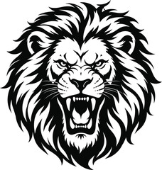 Fototapeta premium Aggressive roaring lion head vector illustration, powerful lion king face silhouette, majestic predator mascot for branding.