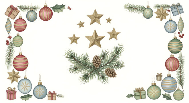 Christmas ornaments and decorations border frame with pine branches and gifts