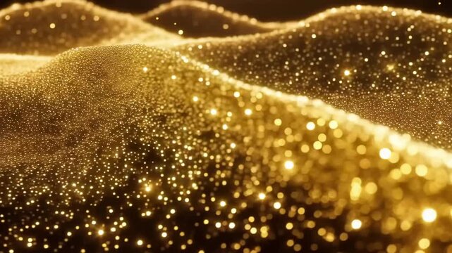 Golden Christmas lights background featuring a glowing blue winter design with bright gold glitter bokeh and shiny snowflake particles for a magic holiday celebration