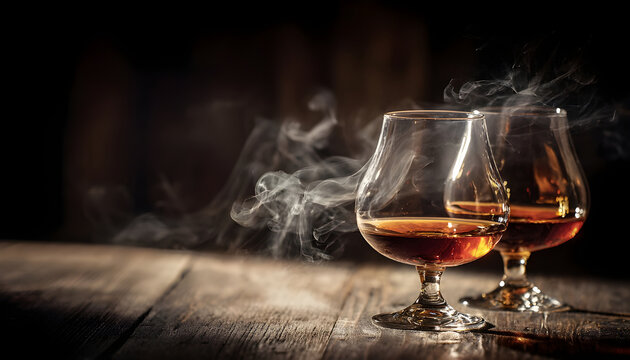 Two brandy snifter glasses filled with amber liqueur sit on a dark wooden table. Wisps of smoke curl upwards from the drinks, creating an atmospheric, moody scene.