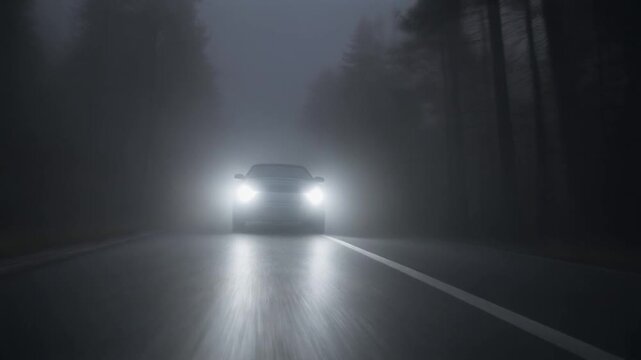 A car's bright headlights illuminate a dense, mysterious fog on a dark, empty road, creating a challenging and low-visibility driving experience through an atmospheric natural phenomenon