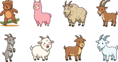 Obraz premium Cute Cartoon Farm and Wild Animal Character Set Including Bear, Alpaca, and Goats in Colorful Vector Illustration